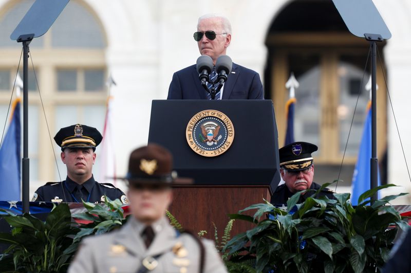 President Joe Biden delivers remarks at the 40th annual National Peace Officers' Memorial Service at the U.S. Capitol in Washington Saturday.