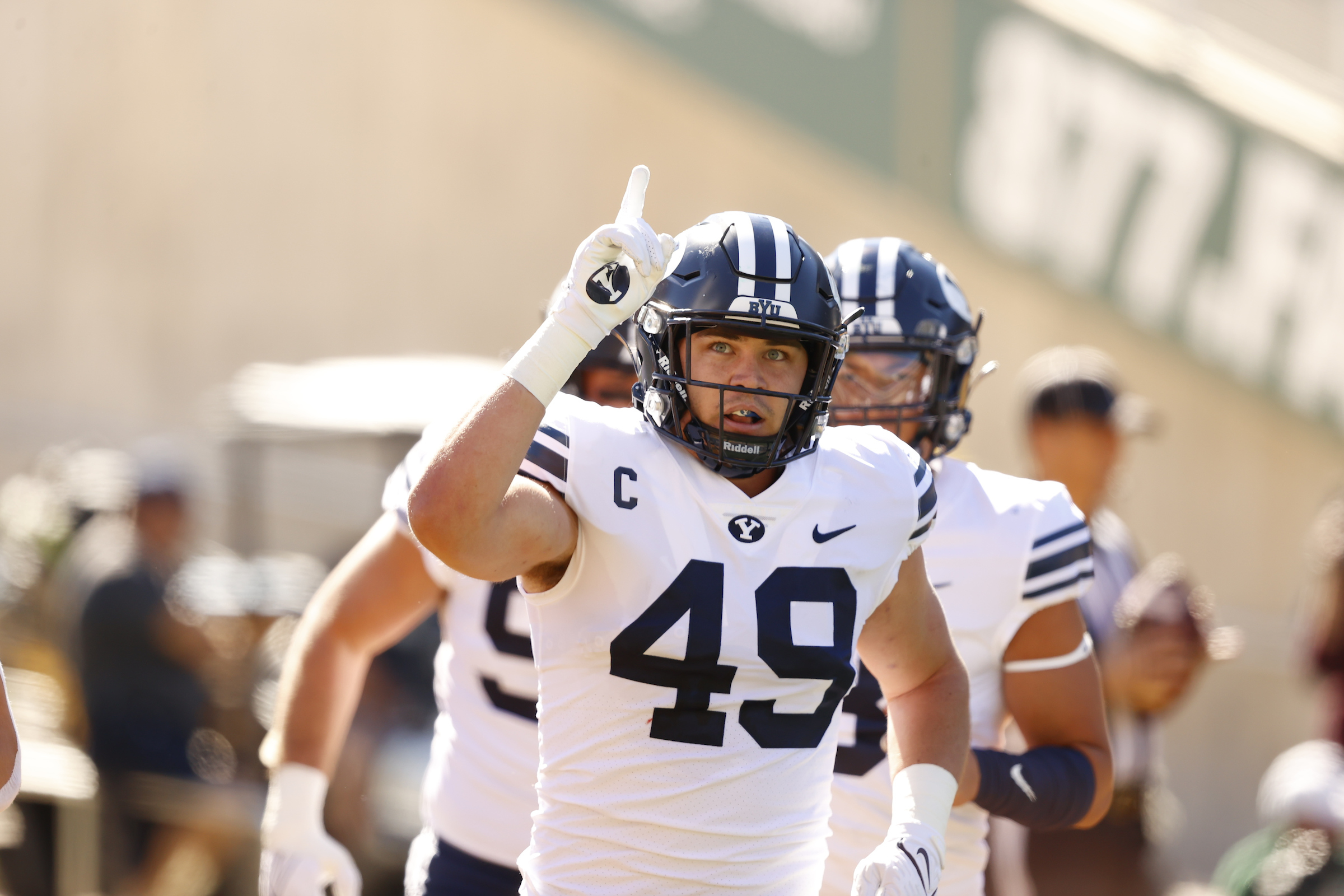 BYU linebacker Payton Wilgar runs onto the field during the Cougars' road game at Baylor, Saturday, Oct. 16, 2021 at McLane Stadium in Waco, Texas.