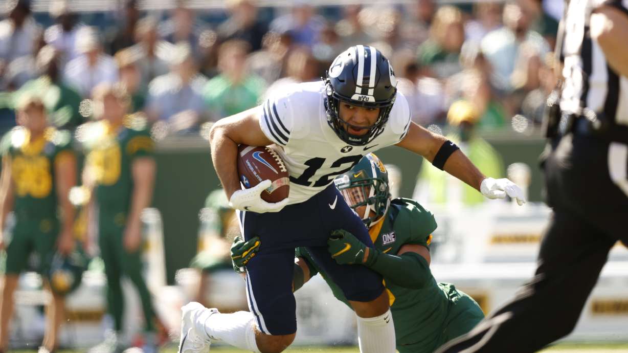BYU wide receiver Puka Nacua runs after making a catch during the Cougars' road game at Baylor, Saturday, Oct. 16, 2021 at McLane Stadium in Waco, Texas.