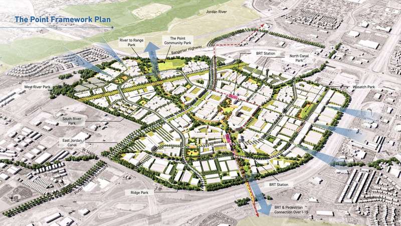 A rendering depicts the The Point’s framework plan,
specifically the "river to range” corridor, including 140 acres of
green spaces threaded throughout the property meant to allow people
to move throughout the community without ever using a
road.