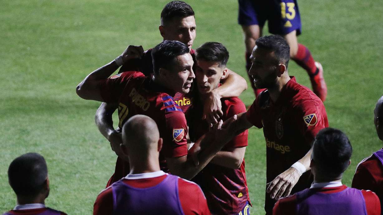 Real Salt Lake celebrates a goal against the Colorado Rapids at Rio Tinto Stadium in Sandy on Saturday, July 24, 2021.