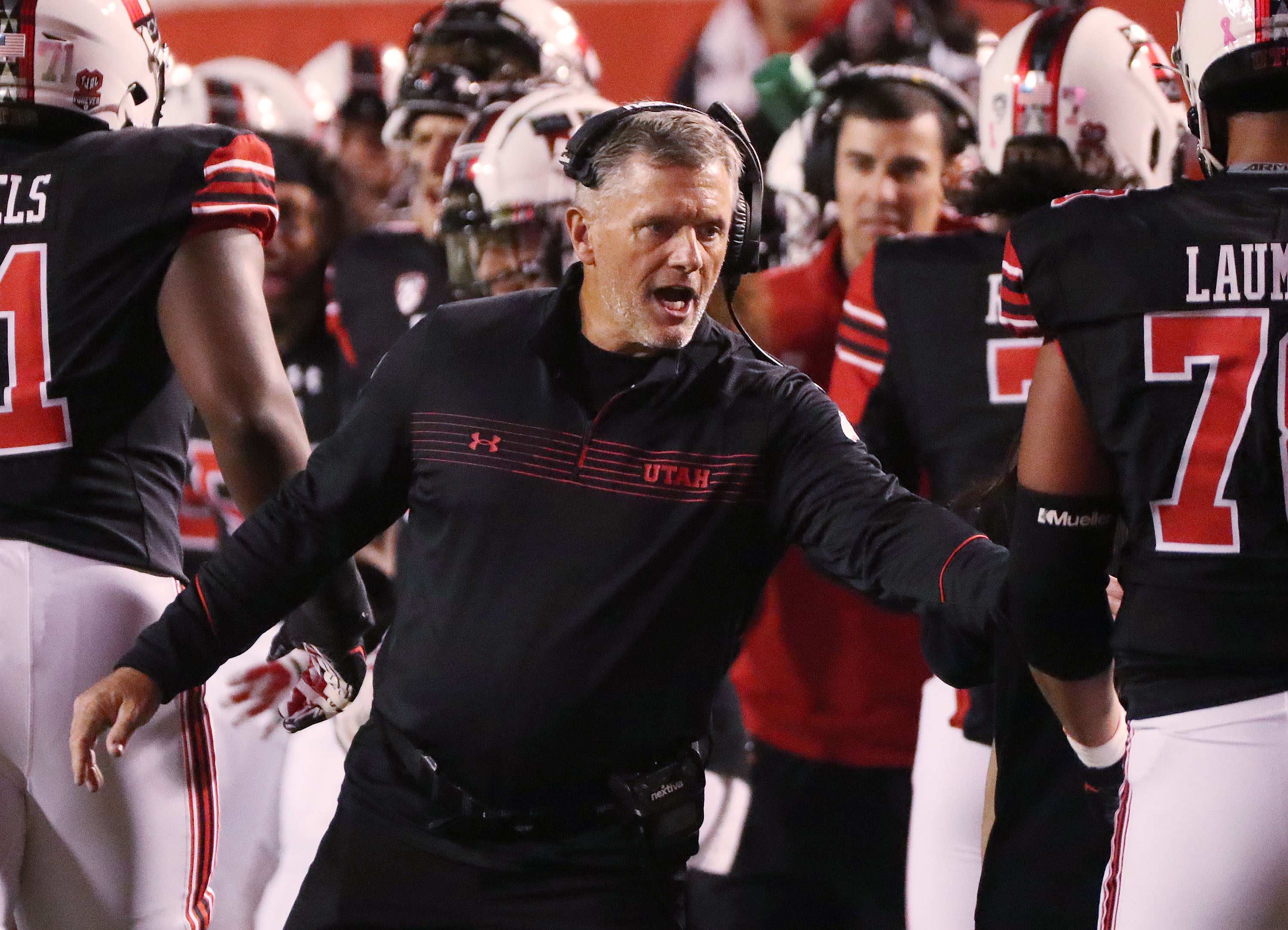 Utah Utes head coach Kyle Whittingham celebrates a touchdown in Salt Lake City on Saturday, Oct. 16, 2021.