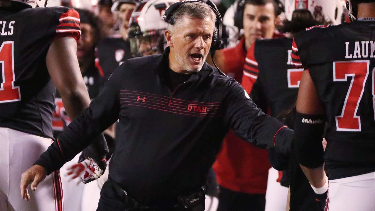 Utah Utes head coach Kyle Whittingham celebrates a touchdown in Salt Lake City on Saturday, Oct. 16, 2021.