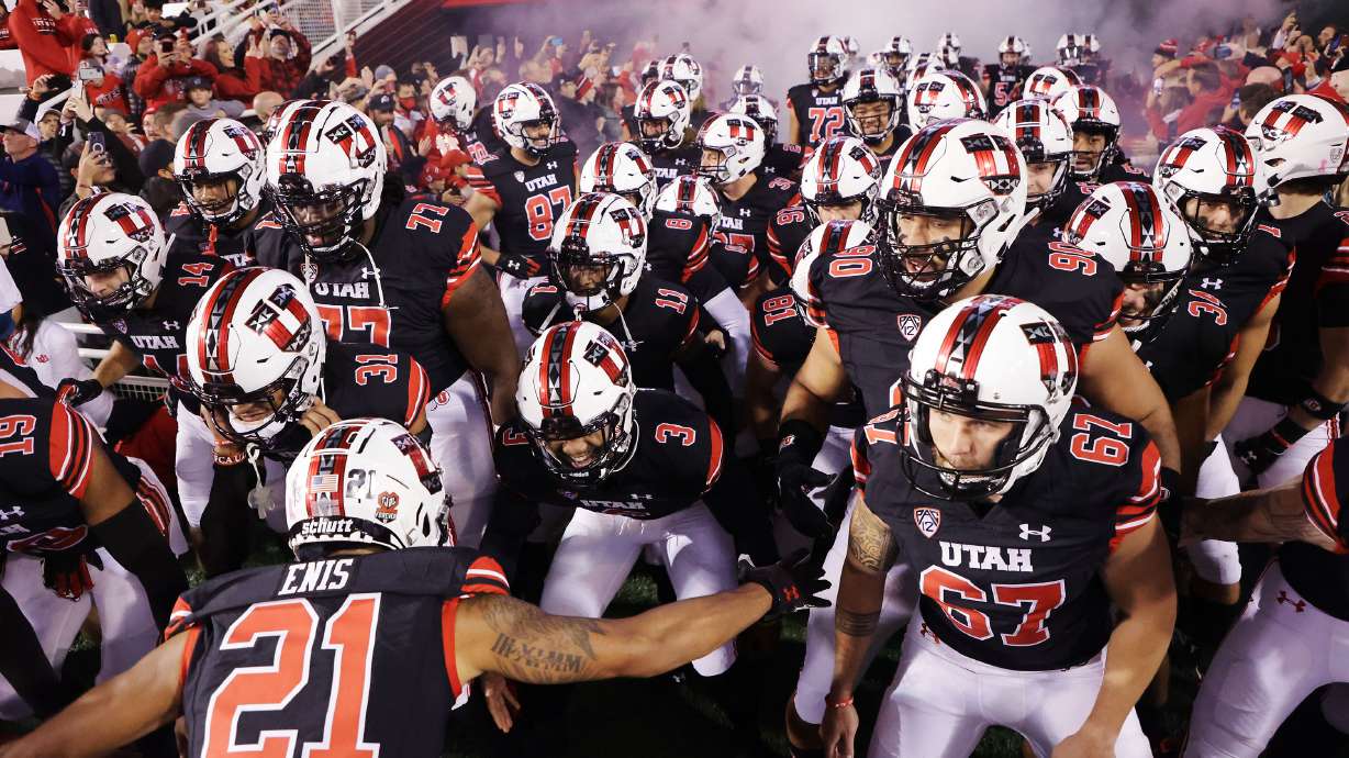 The Utah Utes take the field in Salt Lake City on Saturday, Oct. 16, 2021.