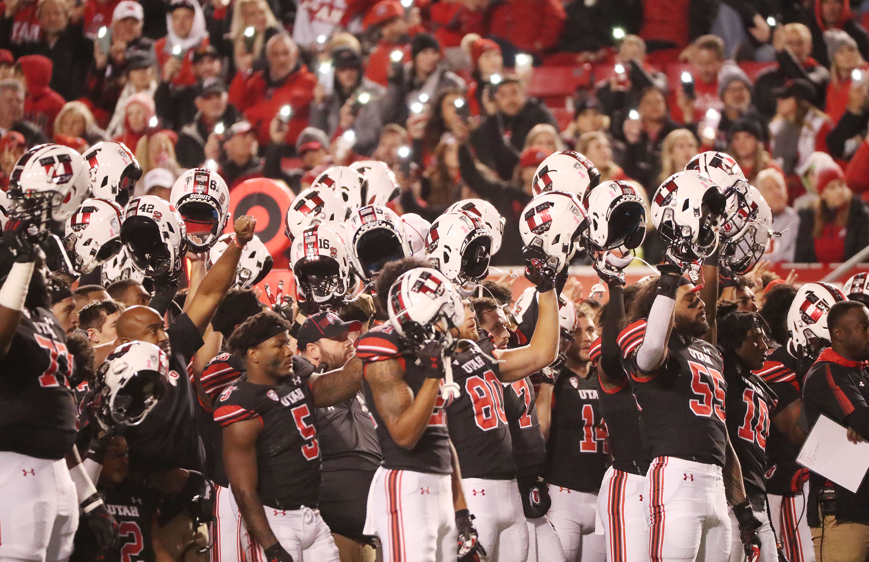 Ute Aaron Lowe is honored in Salt Lake City on Saturday, Oct. 16, 2021. Utah won 35-21.