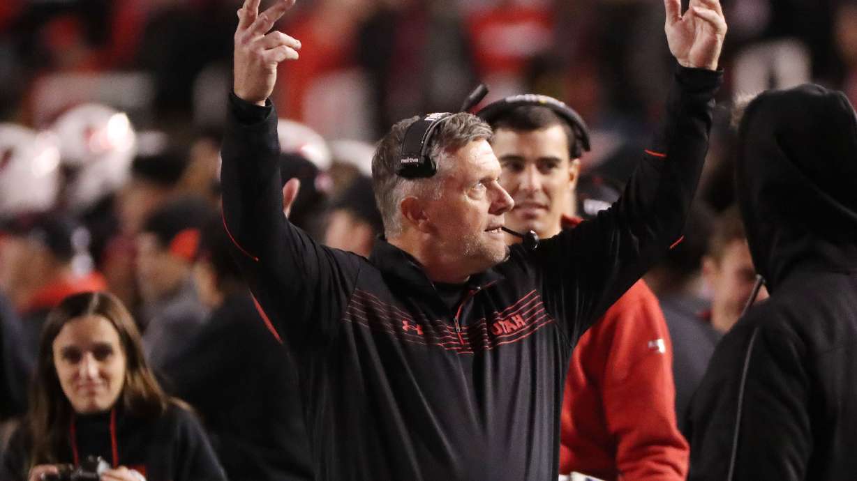 Utah Utes head coach Kyle Whittingham encourages fans to make noise in Salt Lake City on Saturday, Oct. 16, 2021. Utah won 35-21.