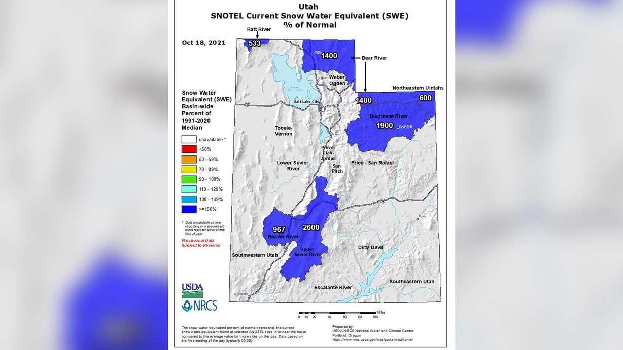 A map showing snowpack percentages of the normal as of Monday morning. Data for most snowpack regions are listed as "not available" because it's too early in the season; the areas with data range between 500% and 2,600% of the normal for Oct. 18.