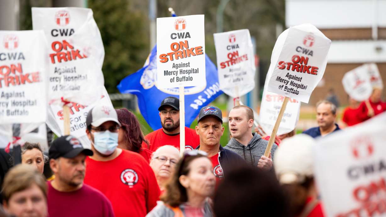 Health care workers take part in a strike to protest working conditions in hospitals amid the coronavirus disease, at Mercy Hospital in Buffalo, New York, Oct. 4.