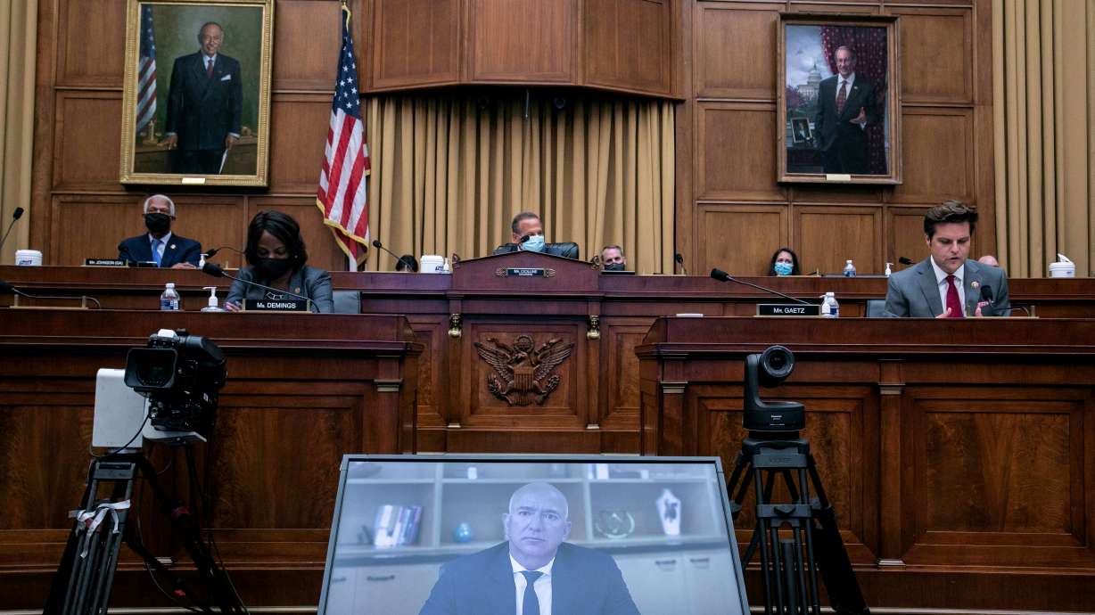Amazon founder Jeff Bezos speaks via video conference during a hearing on Capitol Hill on July 29, 2020. Five members of the U.S. House Judiciary committee wrote to Amazon's chief executive Sunday, and accused the company's top executives, including founder Jeff Bezos, of either misleading Congress or possibly lying to it about Amazon's business practices.