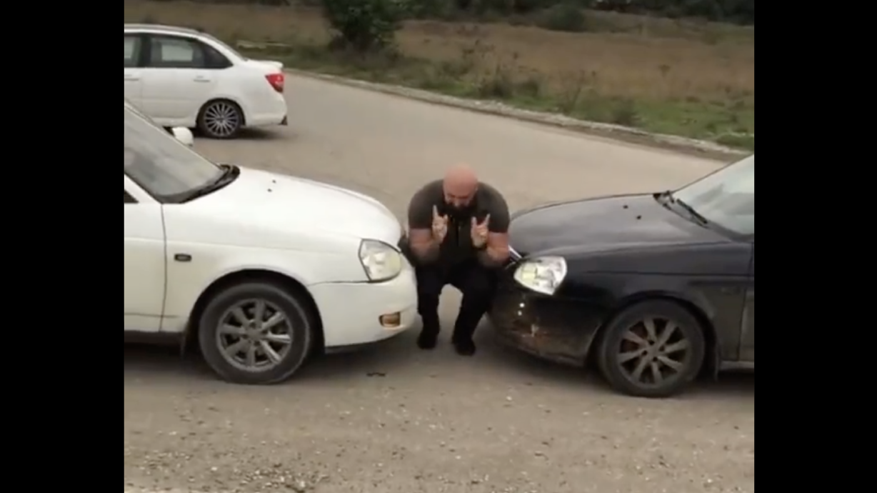 A Chechnyan stuntman who refers to himself as "The Rock" has an unusual way of showing his strength.