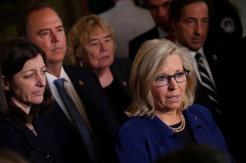 U.S. Reps. Elaine Luria, D-Va., Adam Schiff, D-Calif., Zoe Lofgren, D-Calif., Liz Cheney, R-Wyo., and Jamie Raskin, D-Md., speak to the press after the House Select Committee hearing investigating the Jan. 6 attack on Capitol Hill in Washington, on July 27.