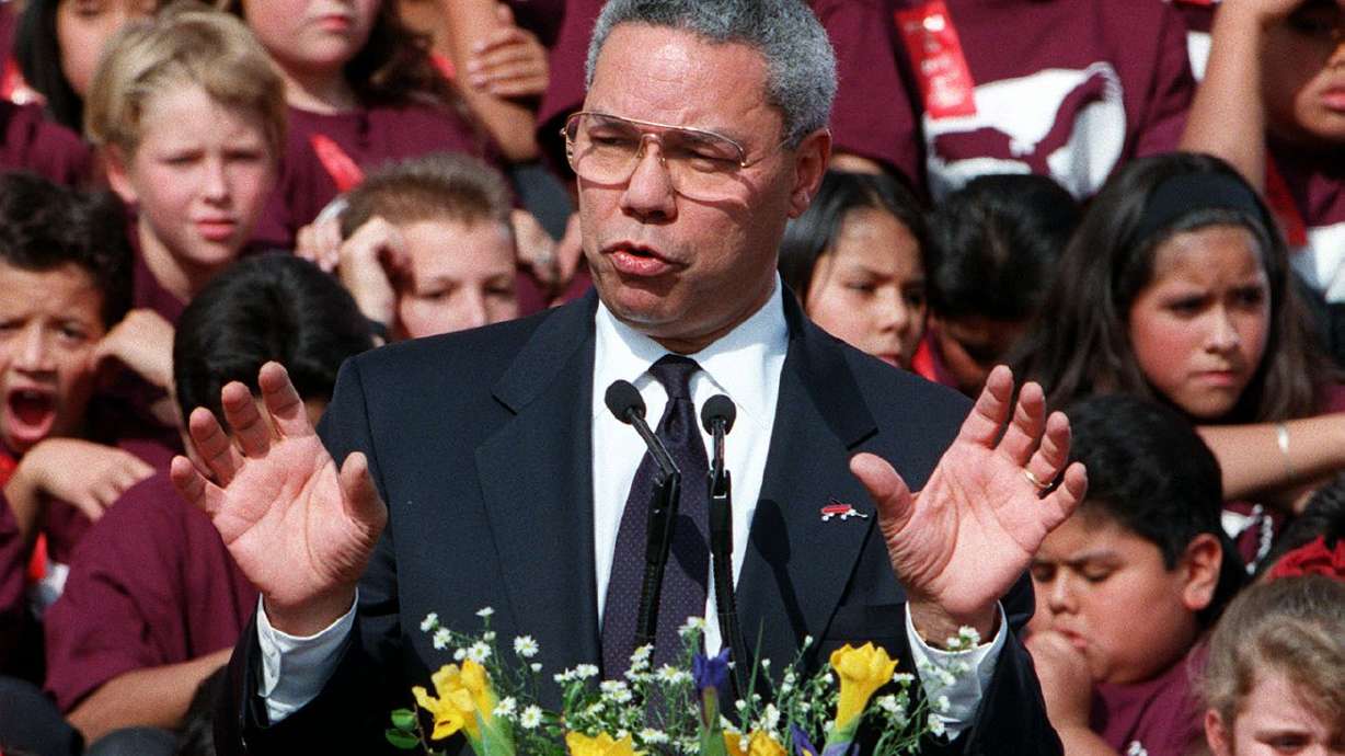 Colin Powell speaks to a large group gathered at the Capitol to kick off Gov. Mike Leavitt’s volunteer summit at the Capitol in Salt Lake City on Oct. 21, 1997. Powell has died at age 84.