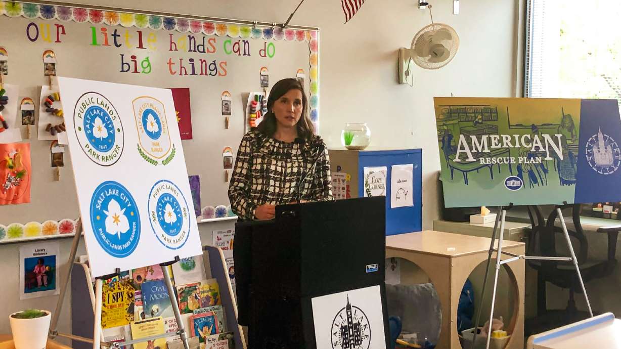 Salt Lake City Mayor Erin Mendenhall unveils her ideas on how the city will spend money it will receive under the American Rescue Plan during a press conference Monday at the Horizonte Instruction and Training Center. The city is slated to receive about $85 million, according to officials.