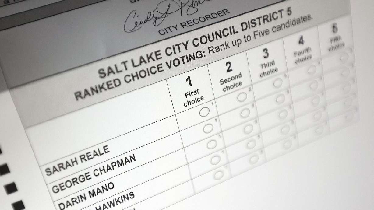 A Salt Lake City Council ballot with ranking options is pictured in Salt Lake City on Friday, Oct. 15. Five Salt Lake City Council districts are up for election this year.