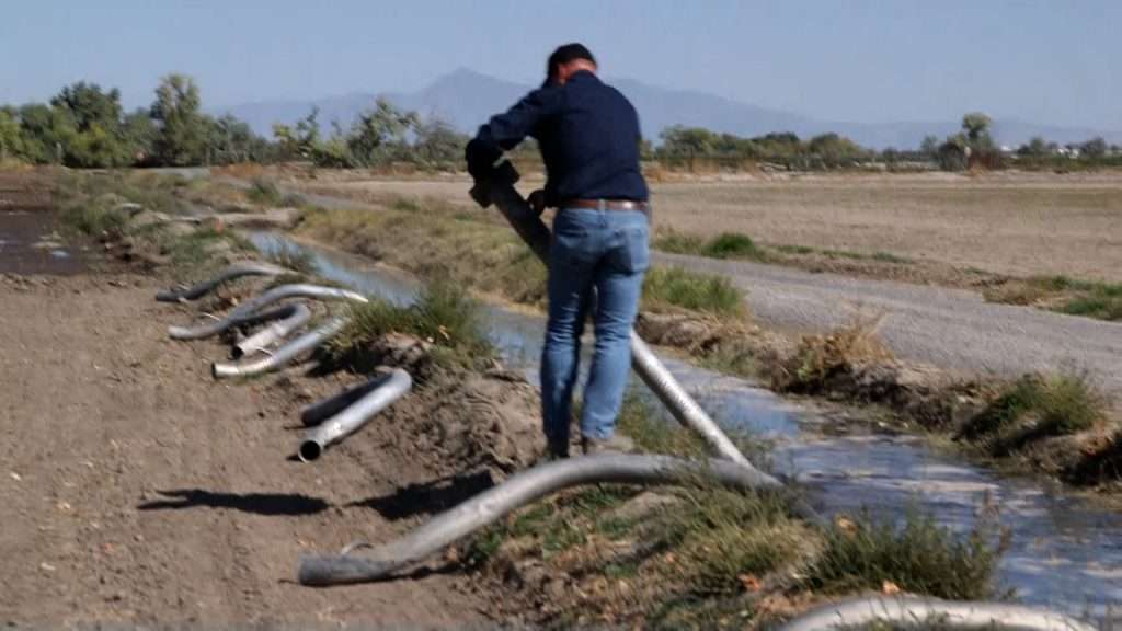 Farmer Clay Carter demonstrates water canal and syphon irrigation.