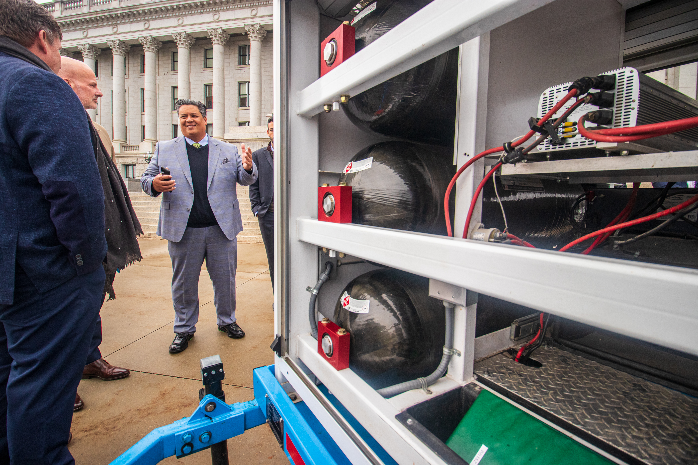 Mauricio Vargas, the CEO of the energy company Bayotech, explains how the company's hydrogen generators works at an event Tuesday. The company plans to build a hydrogen fueling station in Utah in the future.