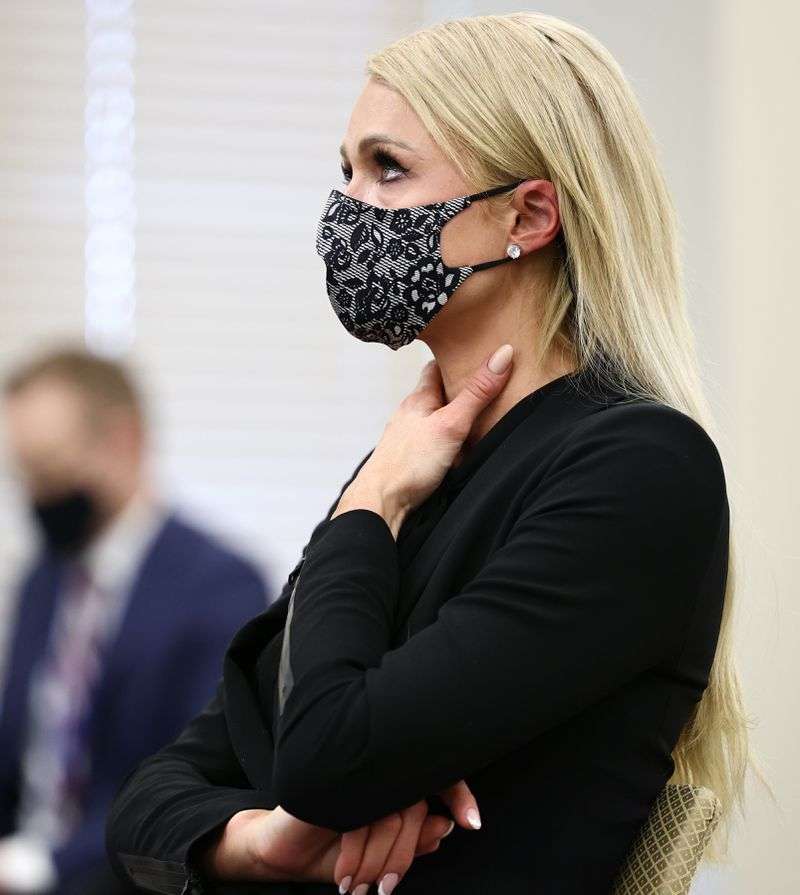 Paris Hilton shows some emotion as she testifies in the
Senate Judiciary, Law Enforcement and Criminal Justice Committee at
the Capitol in Salt Lake City for SB127 to better regulate centers
for troubled teens on Monday, Feb. 8, 2021.