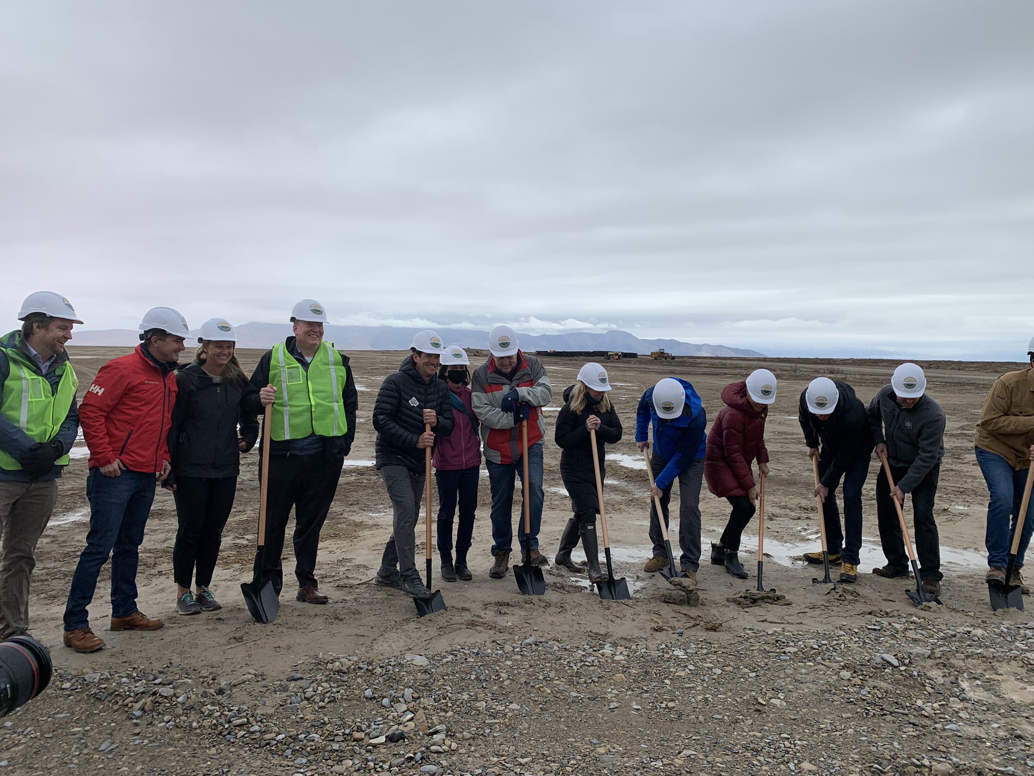 A group of community leaders and energy executives break ground on a new solar farm near Grantsville on Tuesday. The facility will help get Salt Lake City and Park City get closer to 100% net renewable energy in the near future, according to the mayors of the two cities.