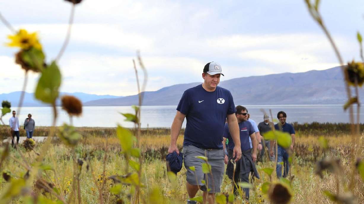 Jake Holdaway leads a tour of his property on the shore of Utah Lake in Vineyard on Oct. 7.