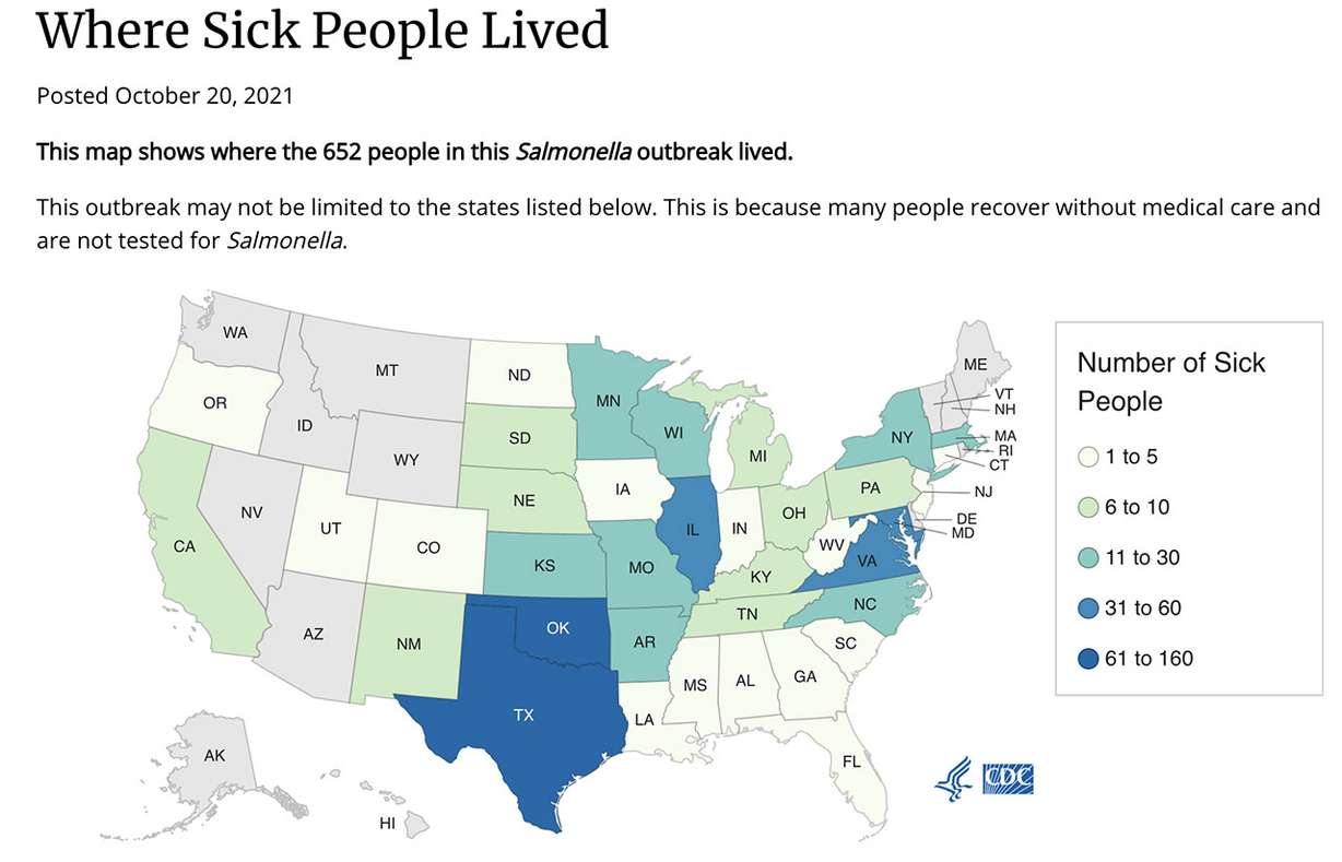 Map shows where sick people lived in connection with a salmonella outbreak Oct. 20, 2021.