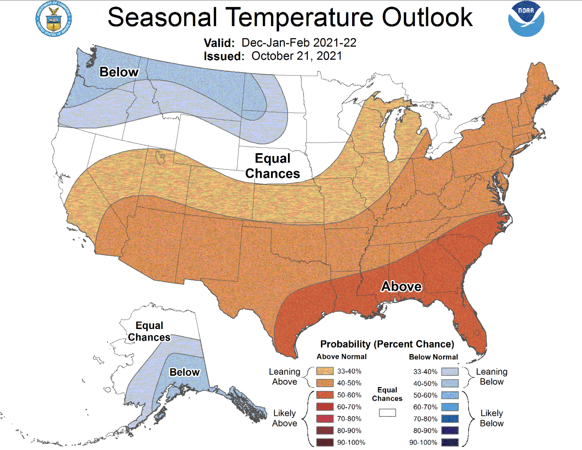 A map released Thursday showing temperature probability across the United States for the upcoming meteorological winter. Almost all of Utah considered to have a higher probability of a warmer-than-average winter.