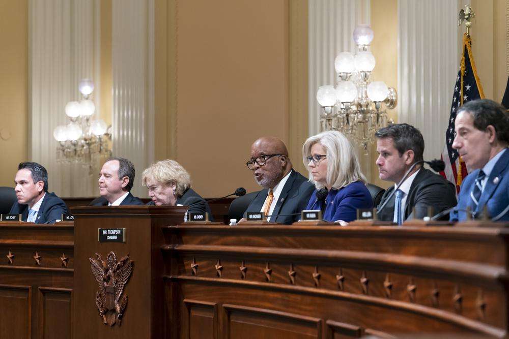 The House select committee tasked with investigating the Jan. 6 attack on the Capitol meets to hold Steve Bannon, one of former President Donald Trump's allies in contempt, on Capitol Hill in Washington, Tuesday evening. From left to right are Rep. Pete Aguilar, D-Calif., Rep. Adam Schiff, D-Calif., Rep. Zoe Lofgren, D-Calif., Chairman Bennie Thompson, D-Miss., Vice Chair Liz Cheney, R-Wyo., Rep. Adam Kinzinger, R-Ill., and Rep. Jamie Raskin, D-Md.