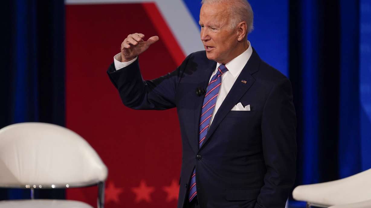 President Joe Biden participates in a CNN town hall at the Baltimore Center Stage Pearlstone Theater, Thursday, in Baltimore.