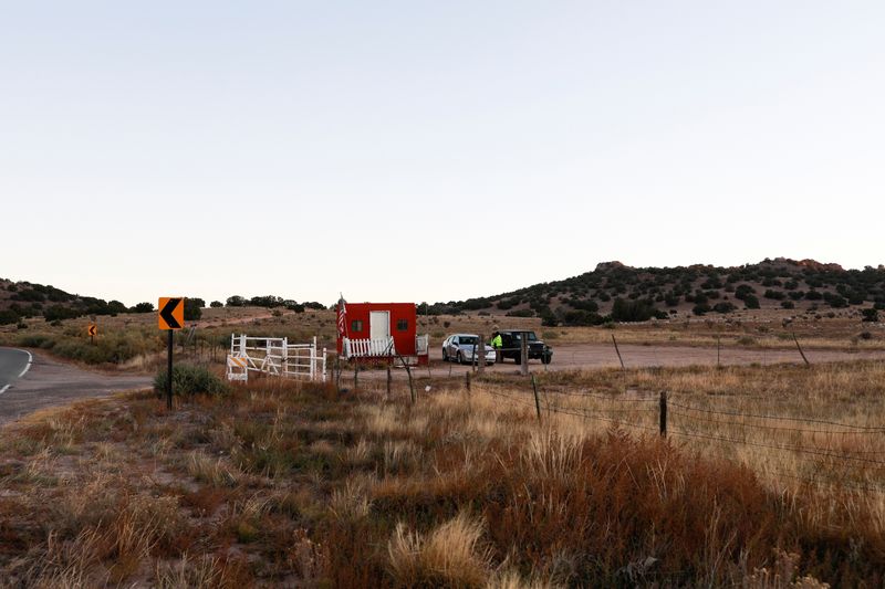 A view of the entrance to Bonanza Creek Ranch where actor Alec Baldwin fatally shot a cinematographer and wounded a director when he discharged a prop gun on the movie set of the film "Rust" in Santa Fe, New Mexico, Thursday.