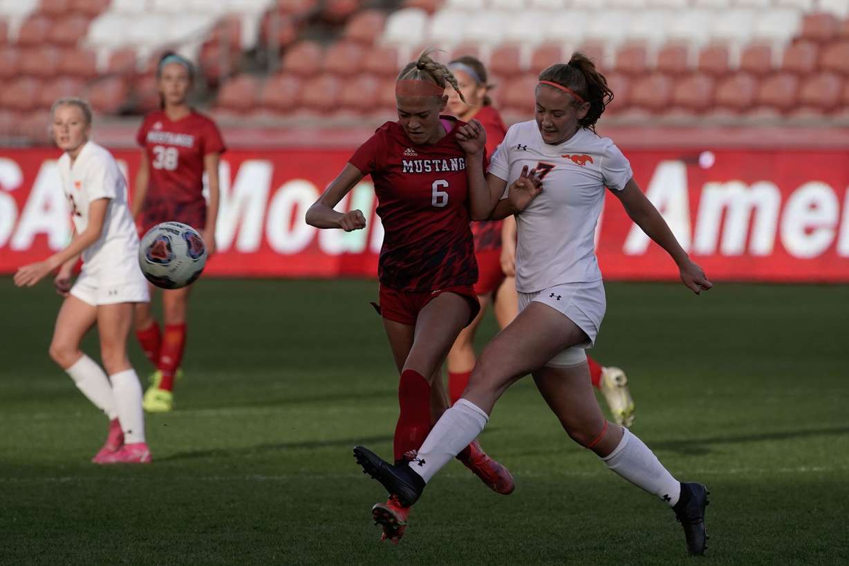 Crimson Cliffs and Mountain Crest compete in the 4A girls soccer state championship game on Friday, Oct. 22, 2021 at Rio Tinto Stadium in Sandy .