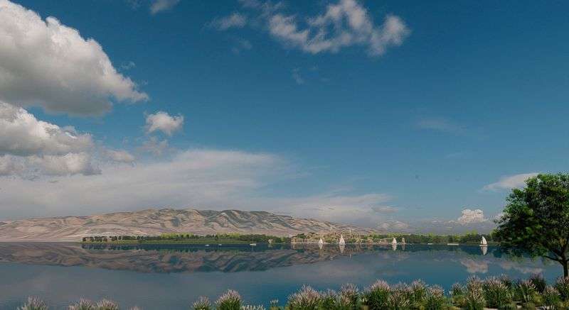 A rendering provided by Lake Restoration Solutions
depicts its vision for a human-made island on Utah Lake and
restoration of the lake’s shorelines.