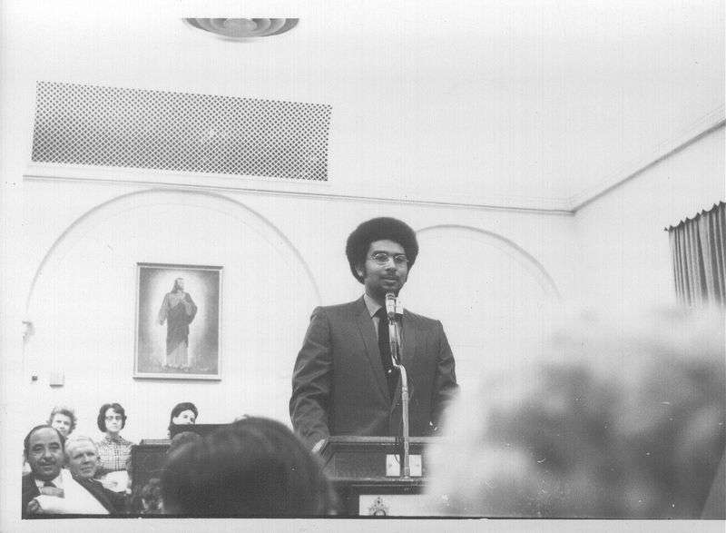 Darius Gray speaking at the first meeting of Genesis in
1971. Gray was a counselor in the original presidency of the group
for Black Latter-day Saints and later served as
president.