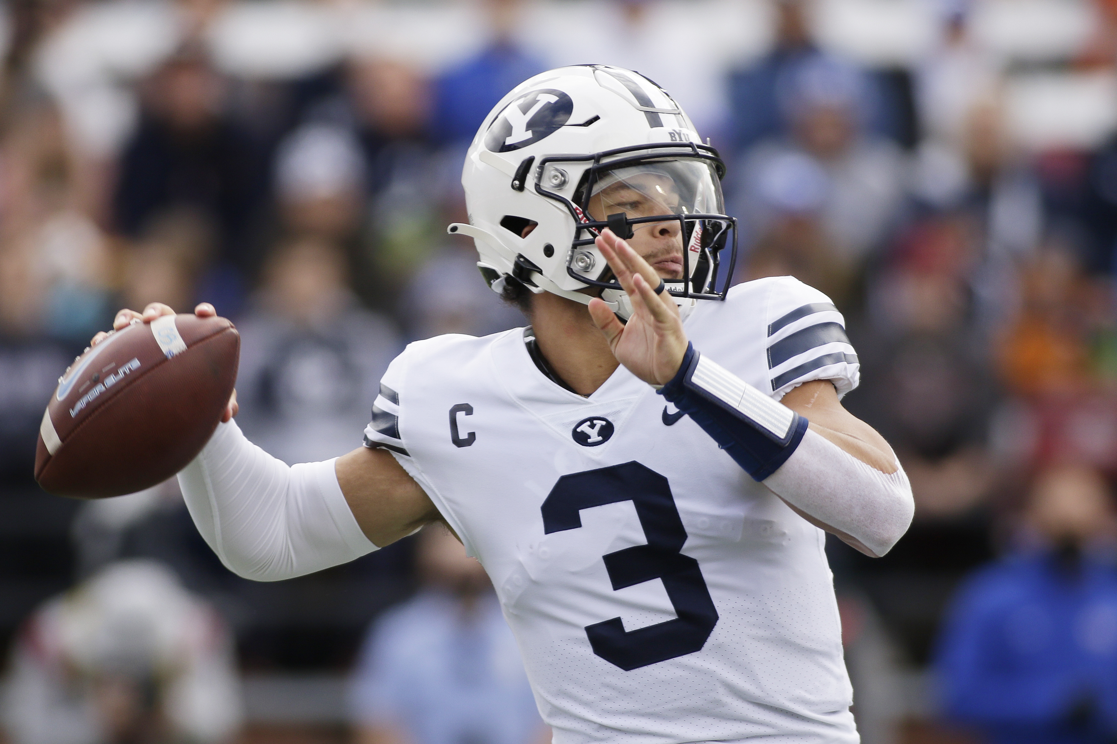 BYU quarterback Jaren Hall (3) throws a pass during the first half of an NCAA college football game against Washington State, Saturday, Oct. 23, 2021, in Pullman, Wash.
