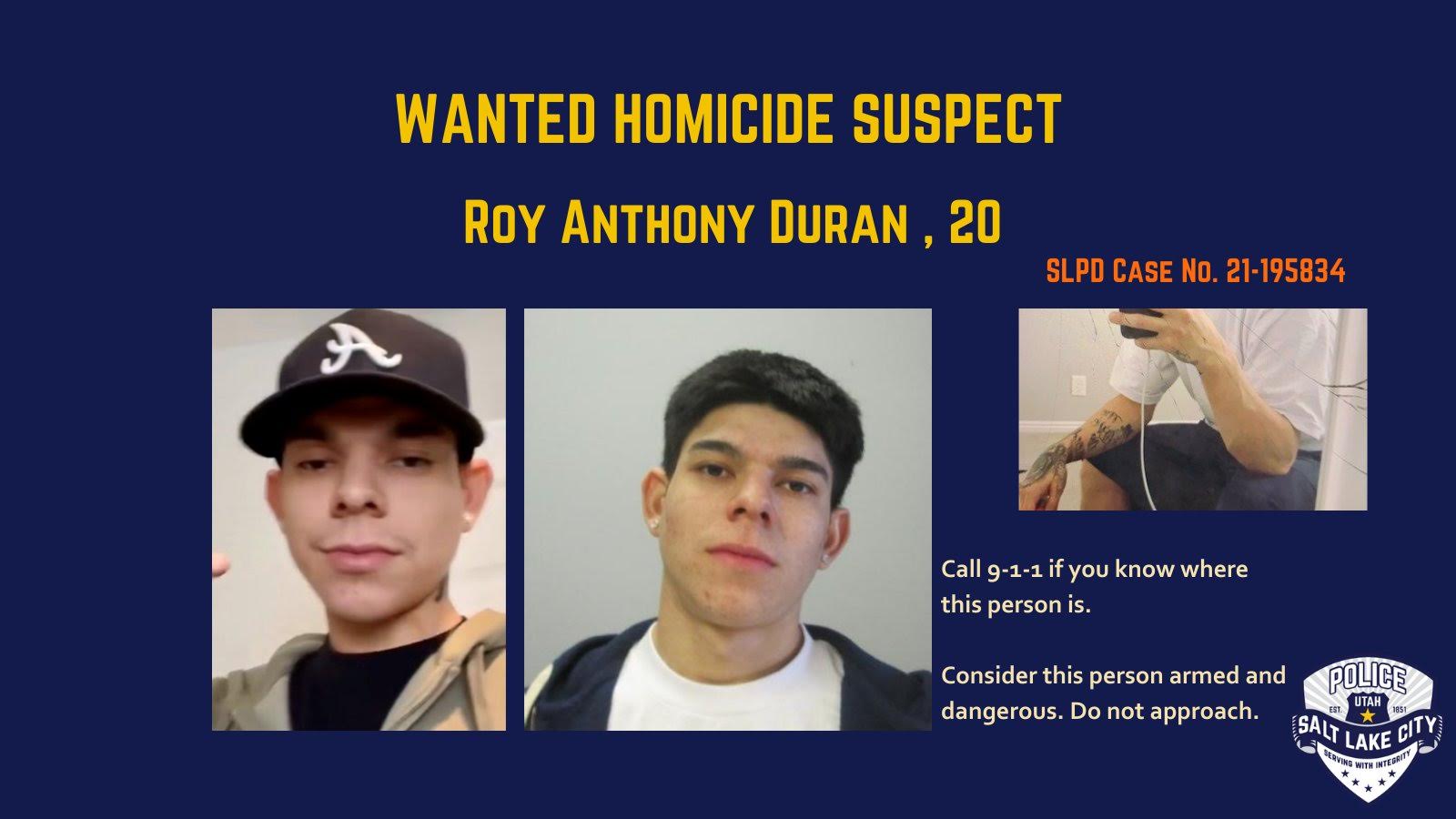 Police say Roy Anthony Duran, 20, turned himself into police Monday in connection with the Sunday shooting death of a 21-year-old man in Salt Lake City.