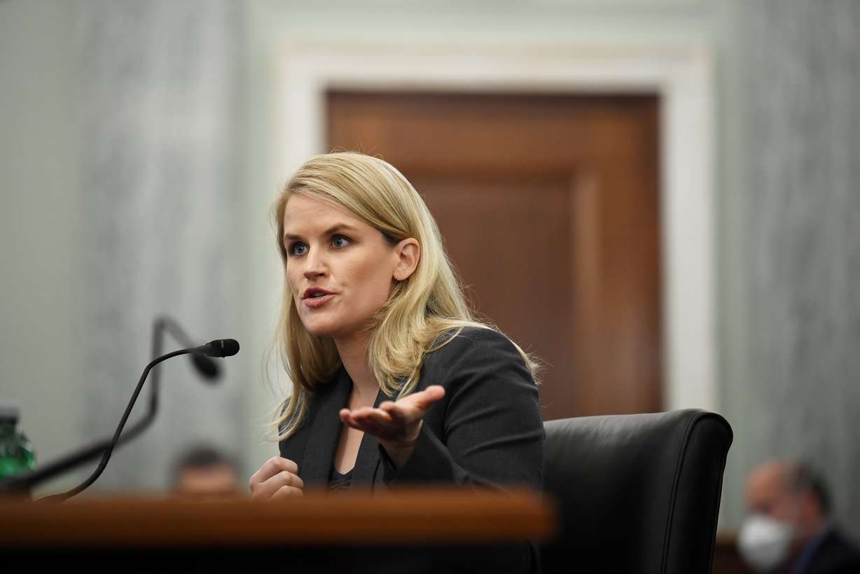 Former Facebook employee and whistleblower Frances Haugen testifies during a Senate Committee on Commerce, Science, and Transportation hearing entitled 'Protecting Kids Online: Testimony from a Facebook Whistleblower' on Capitol Hill, in Washington, Oct. 5.