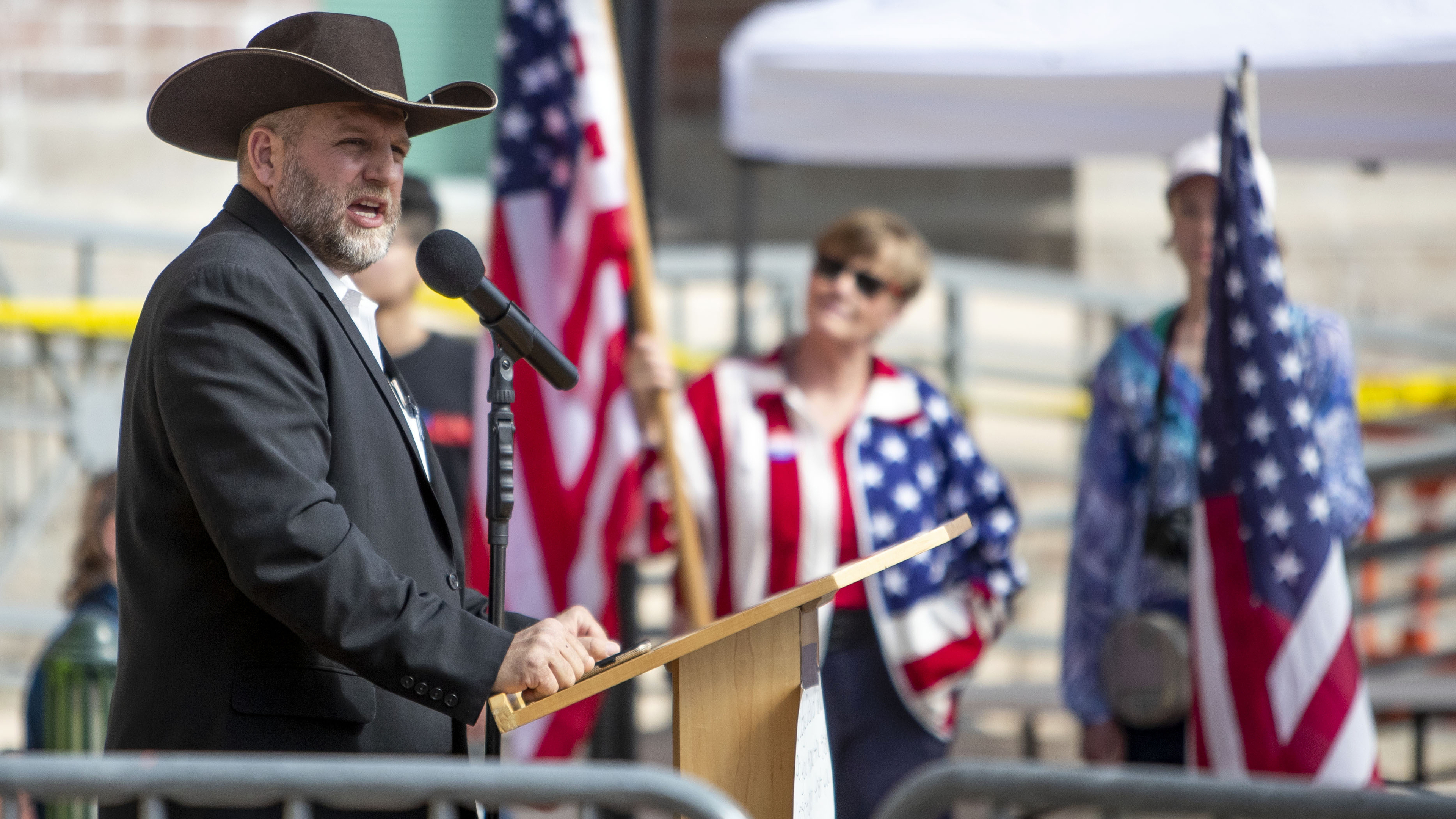 Idaho gubernatorial candidate Ammon Bundy speaks to a crowd of about 50 followers in front of the Ada County Courthouse in downtown Boise on April 3, 2021. Bundy has dropped out of the Republican primary and will now run for governor as an independent.