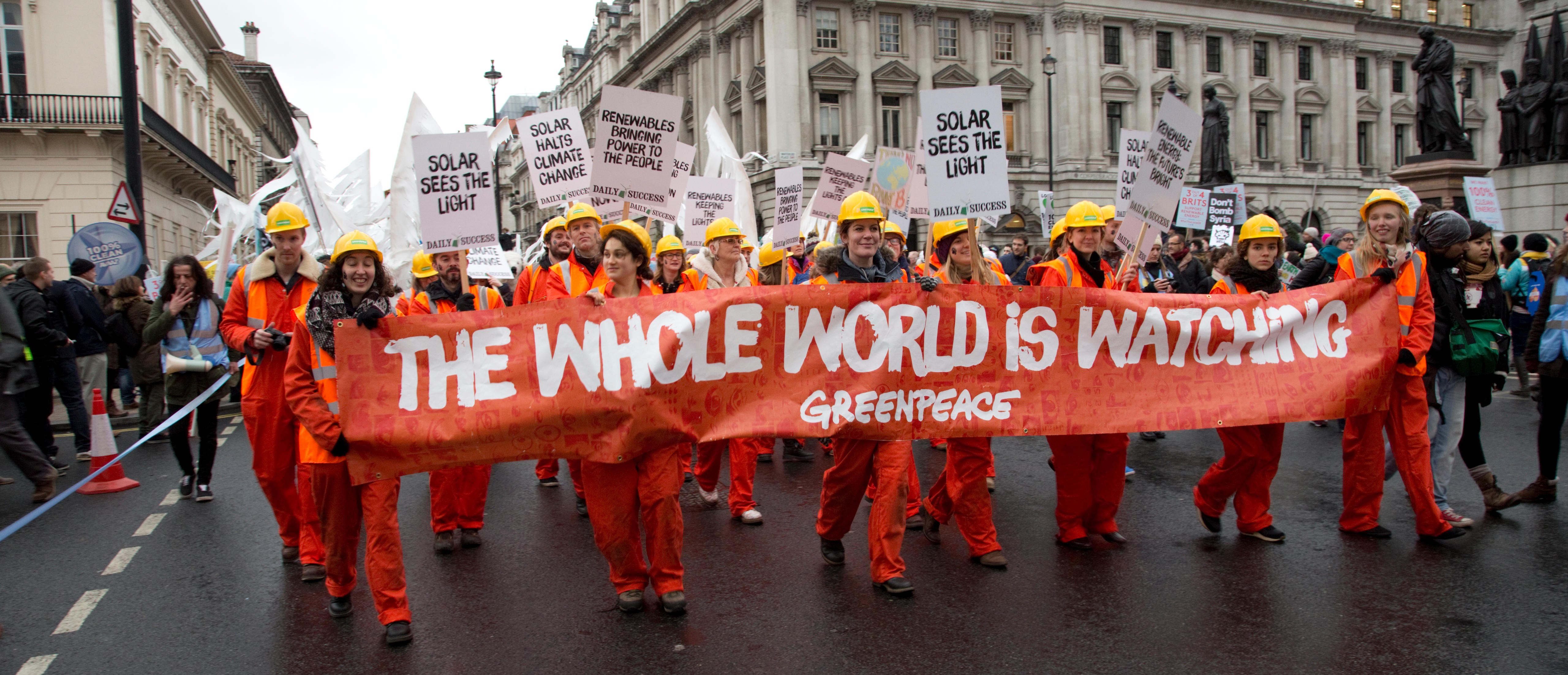 Marchers with a placard in People's climate march in London on November 29, 2015. Greenhouse gas concentrations hit a new record high last year and increased at a faster rate than the annual average for the last decade despite a temporary reduction during pandemic lockdowns, a report released Monday says.