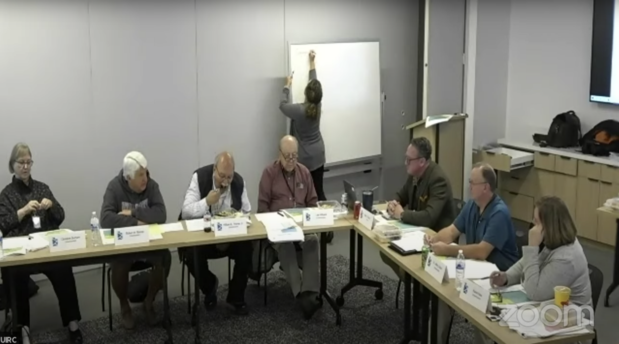 Rob Bishop, second from left, speaks at a Utah Independent Redistricting Commission meeting on Monday, Oct. 25, 2021. Bishop resigned from his position on the commission, expressing frustration with the way the group was conducting its business.