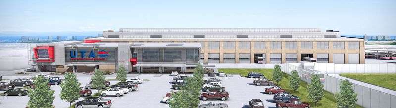 An artist rendering of the exterior of Utah Transit
Authority’s new Depot District Clean Fuels Tech Center, which is
currently under construction.