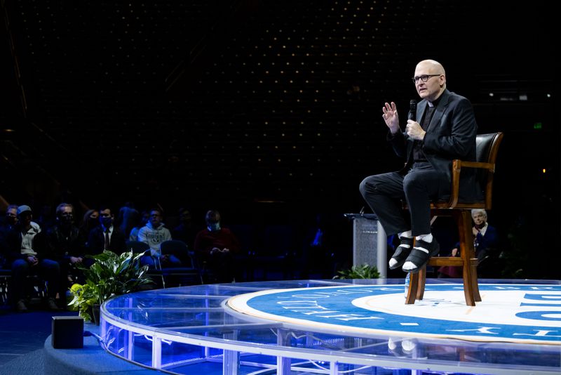 The Rev. Dr. Andrew Teal answers questions after his
forum address at Brigham Young University on Tuesday in Provo.