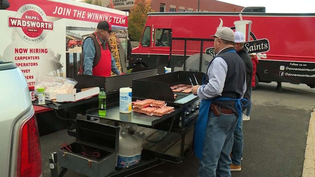 Crew members with Wadsworth Construction help feed health care workers at Lakeview Hospital in Bountiful Tuesday.