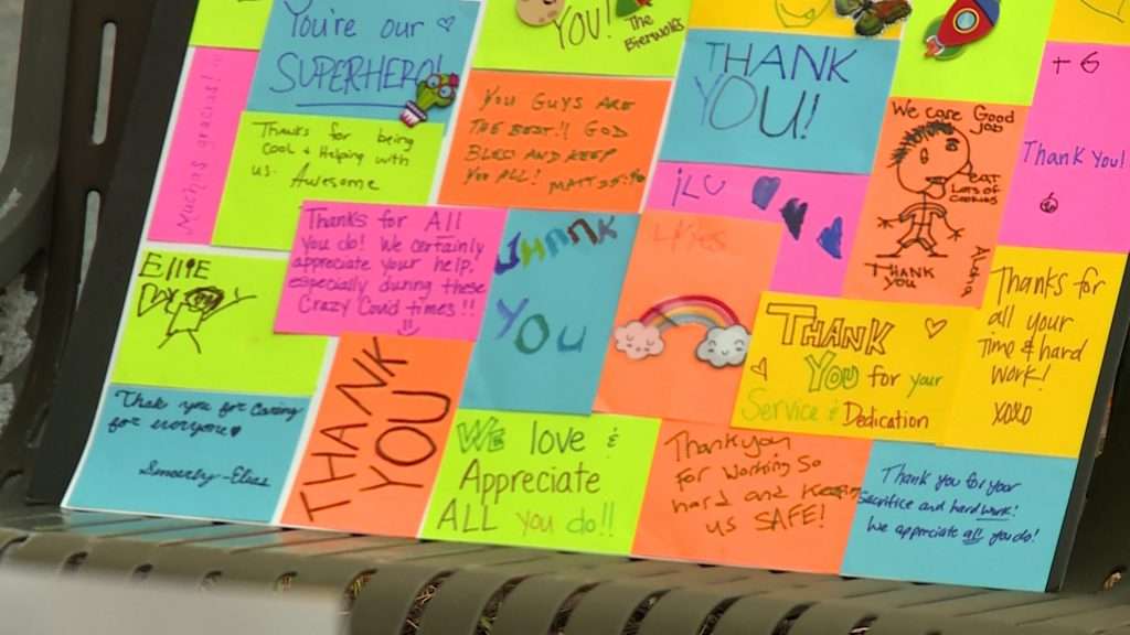 Some of the thank you notes written for the frontline health care workers, Tuesday, in Bountiful.
