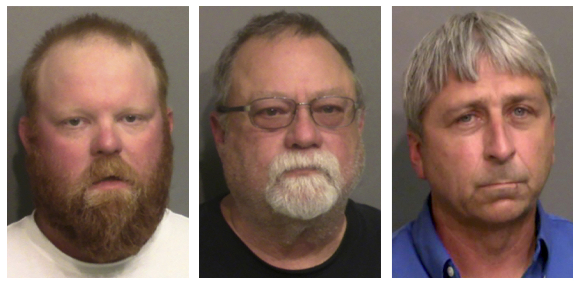 This combination of booking photos provided by the Glynn County, Ga., Detention Center, shows, from left, Travis McMichael, his father, Gregory McMichael, and William "Roddie" Bryan Jr. A pivotal defense argument of the three white men on trial in Georgia for killing Ahmaud Arbery, a Black jogger, is that they were trying to make a citizen's arrest under a Civil War-era law