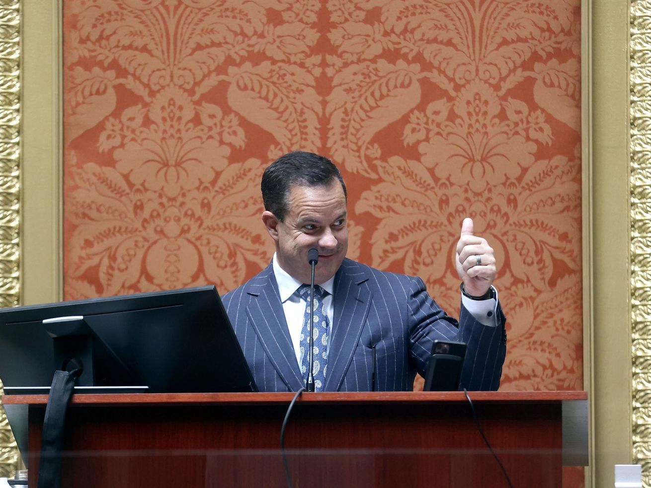 House Speaker Brad Wilson, R-Kaysville, gives a thumbs-up during a special session of the Legislature at the Capitol in Salt Lake City on May 19.