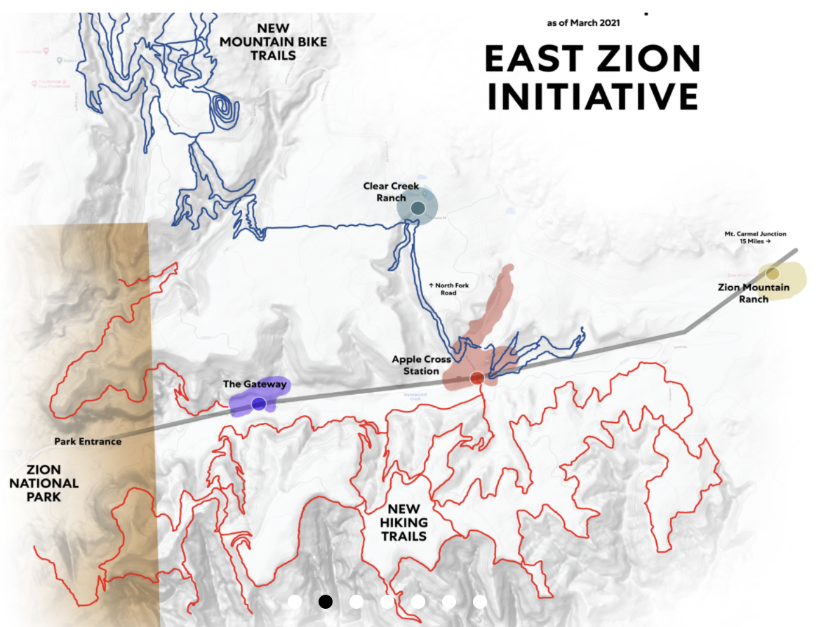 This map shows the outline for the 34.5 miles of bike trails and over 40 miles of hiking trails planned for the eastern entrance into Zion National Park.