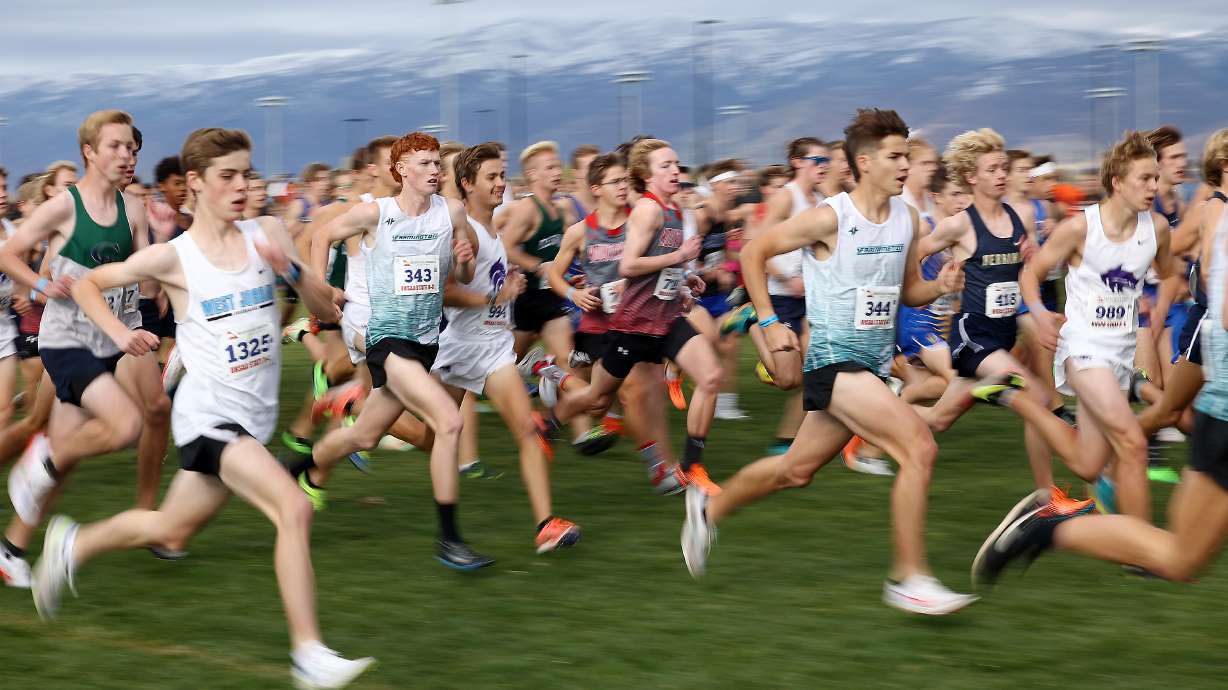 Runners compete in the cross country state championships at the Regional Athletic Complex in Salt Lake City on Wednesday, Oct. 27, 2021.