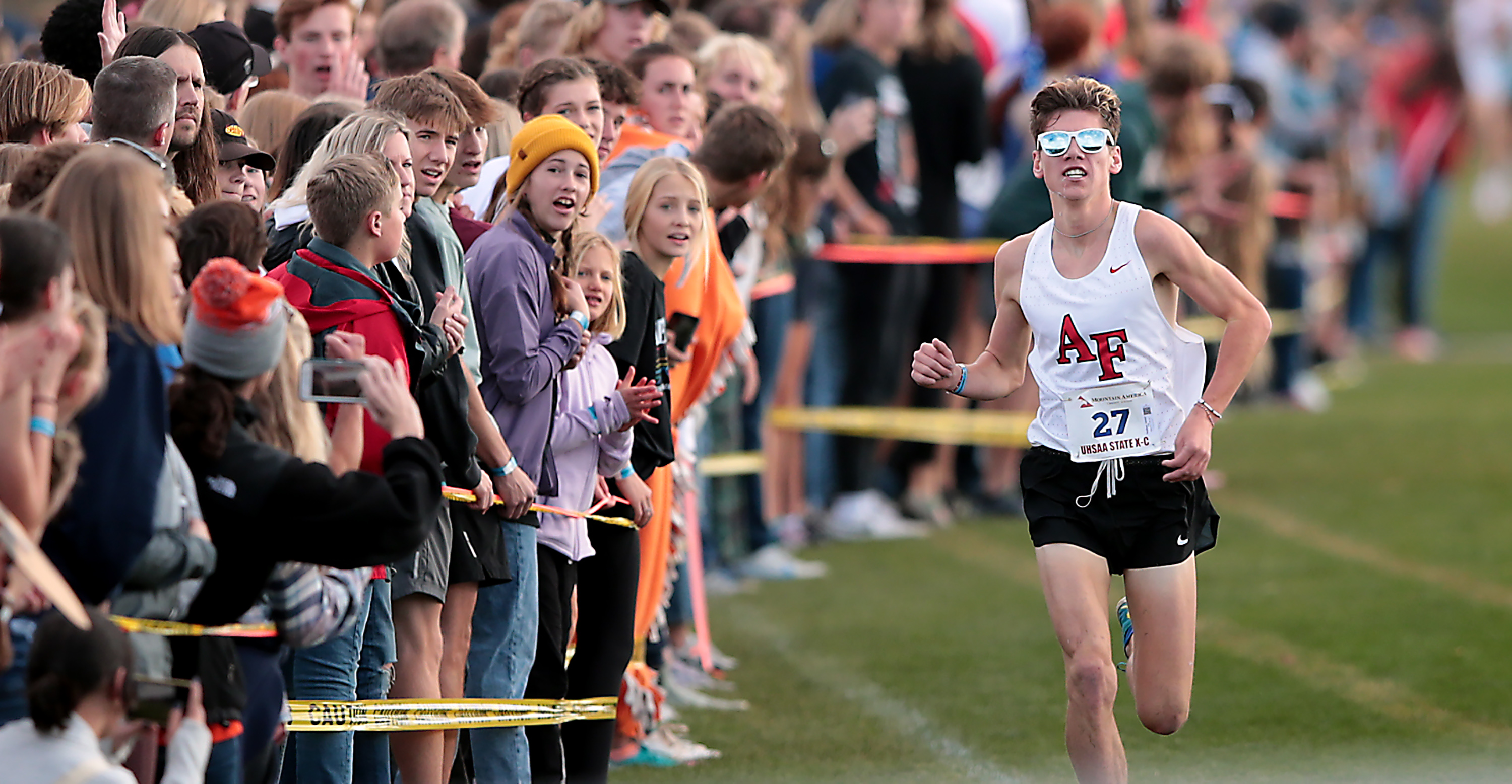 American Fork’s Nathan Jaster heads for the finish line as runners compete in the cross country state championships at the Regional Athletic Complex in Salt Lake City on Wednesday, Oct. 27, 2021. Jaster placed first.