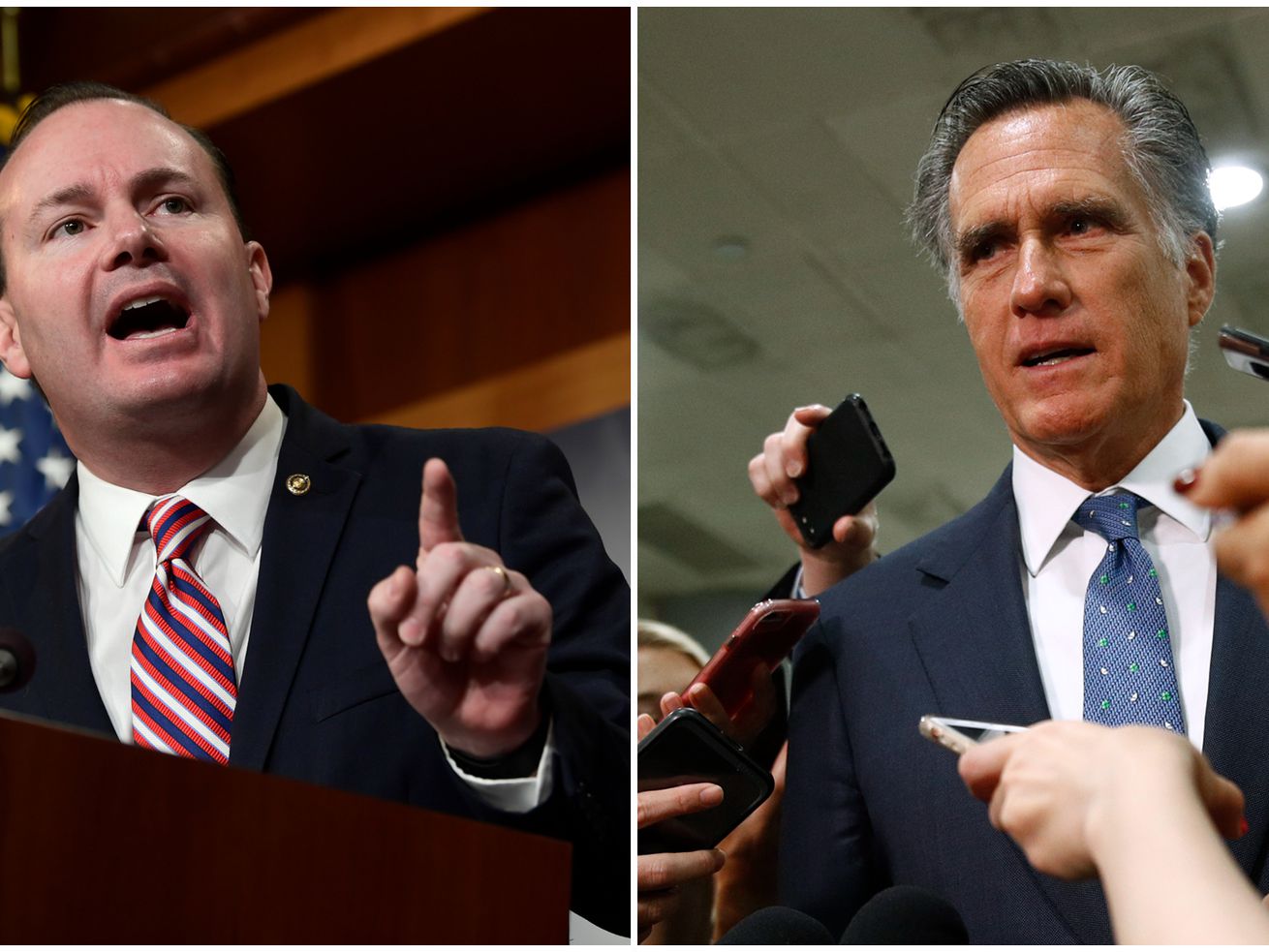 Sen. Mike Lee, R-Utah, left, speaks during a news conference on Capitol Hill in Washington, Dec. 19, 2018, while Sen. Mitt Romney, R-Utah, right, speaks to reporters in Washington on
May 21, 2019, in this composite image.