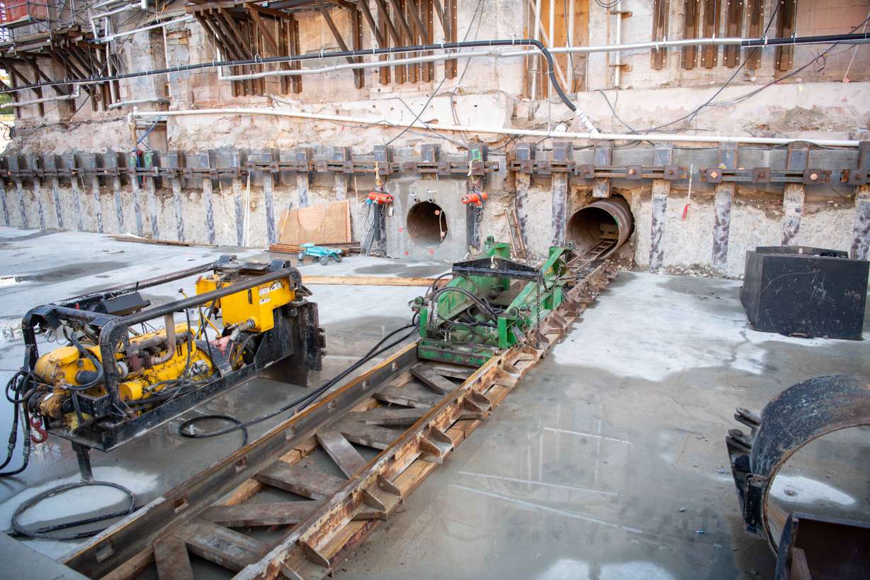 Excavation under the foundation of the Salt Lake Temple continues as part of the seismic strengthening process called "jack and bore," in Salt Lake City in October.