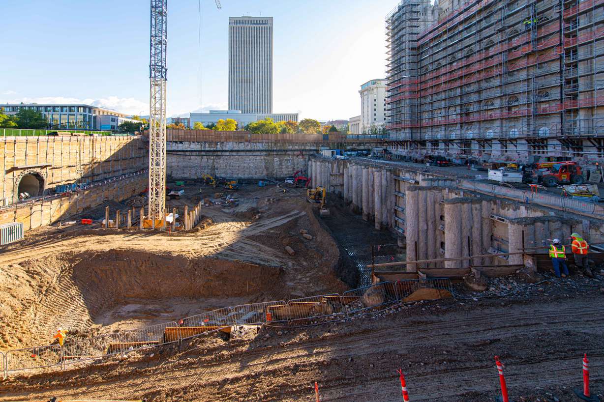 Horizontal bracing beams are installed to reinforce the vertical columns of the secant wall of the temple, in Salt Lake City in October.