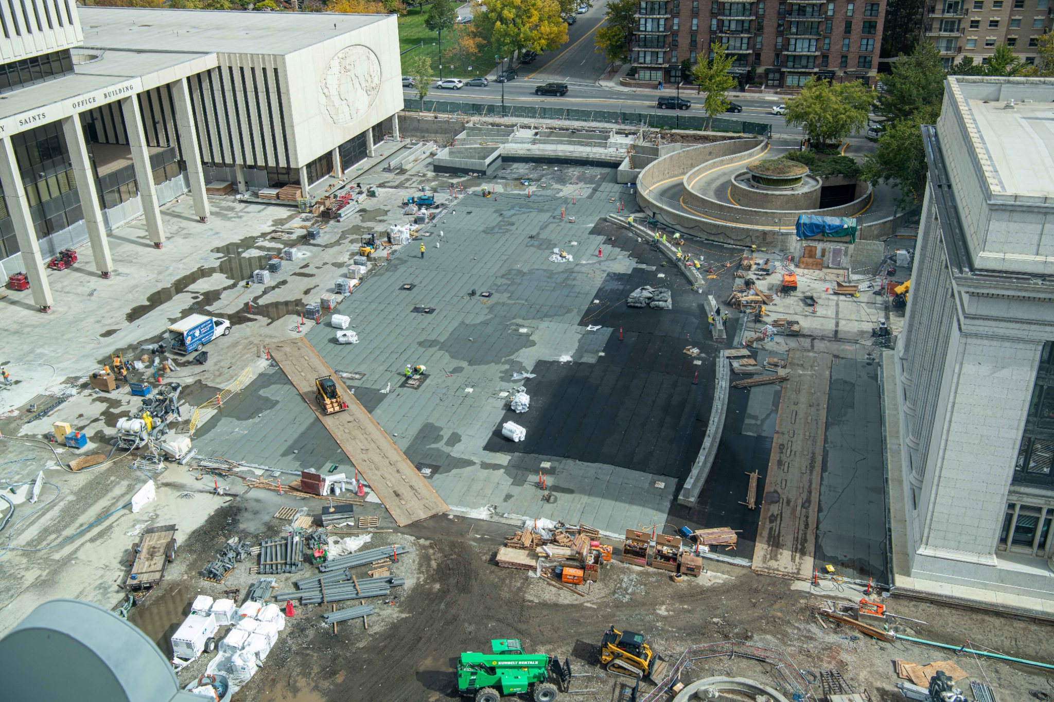 View from the west side of the Church Office Building plaza where new concrete has been poured and waterproofed, in Salt Lake City in October.